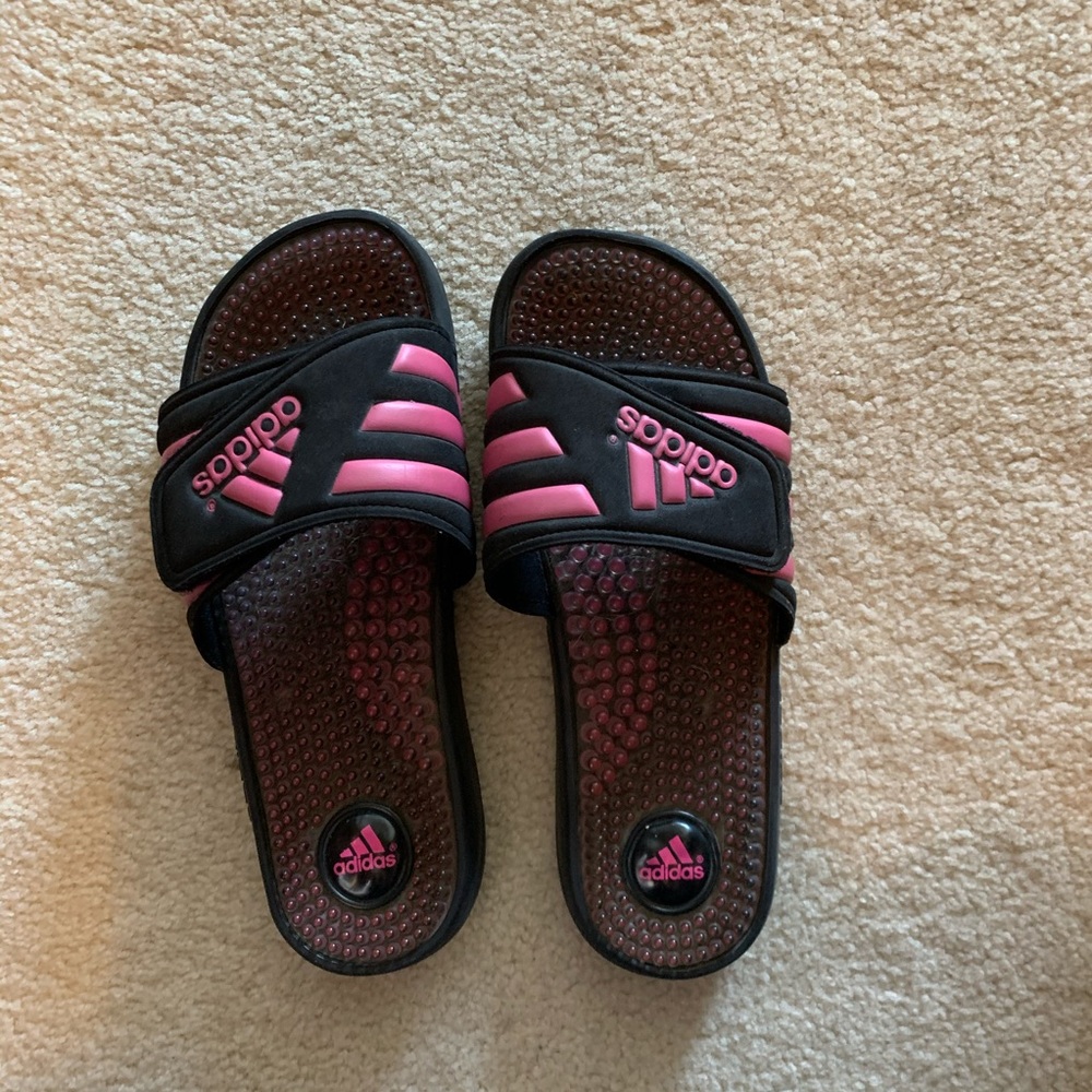 Adidas womens pink and black slides